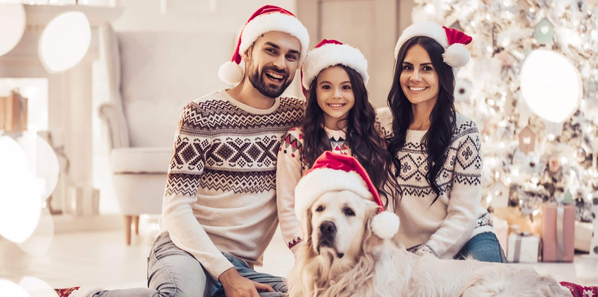 family and dog wearing santa hats posing for christmas photograph