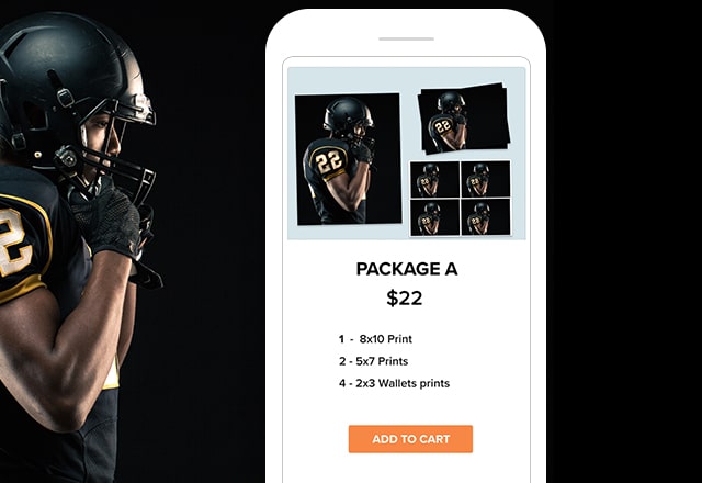 image of football player and mobile phone showing a sports photo package for sale