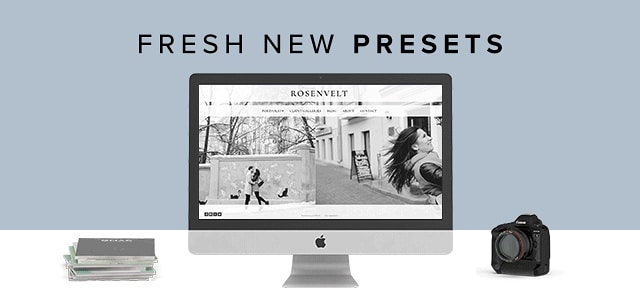 New preset announcement with books, computer showing Rosenvelt website template, and camera