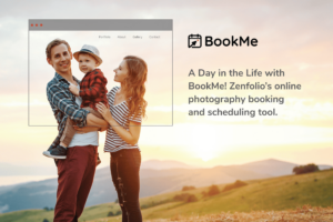 BookMe title with family posing framed by minimal browser window