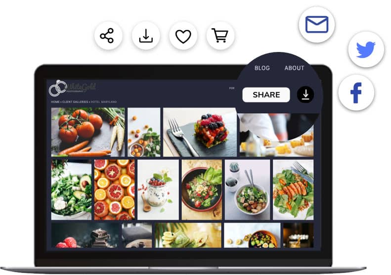 laptop with example of shareable galleries and social media icons