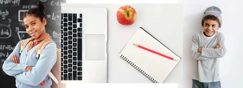 two school portraits and a laptop with apple and notebook