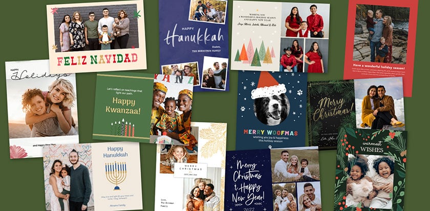 examples of new holiday card designs; Christmas, Happy Holidays, Kwanzaa, Hanukkah