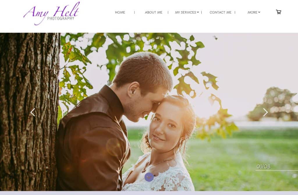 bride and groom leaning against a tree during golden hour on the Amy Helt Photography portfolio website