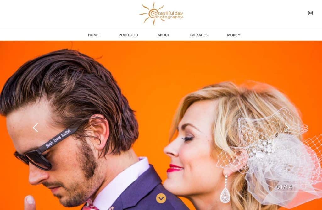 close up of bride and groom in front of orange backdrop on the Beautiful Day Photography portfolio website