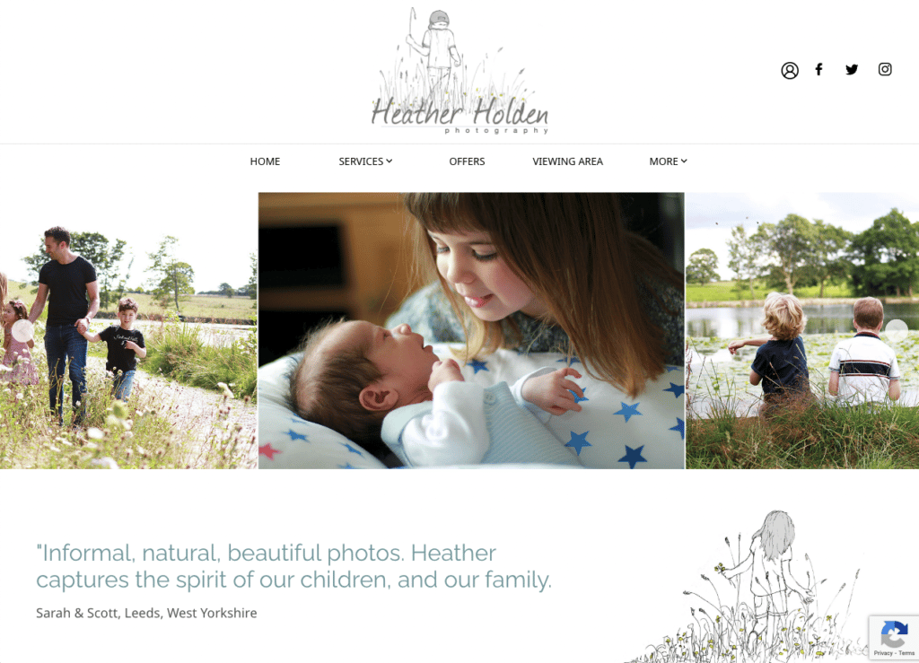 portfolio website, featuring an image of an older sister looking at their newborn sibling 