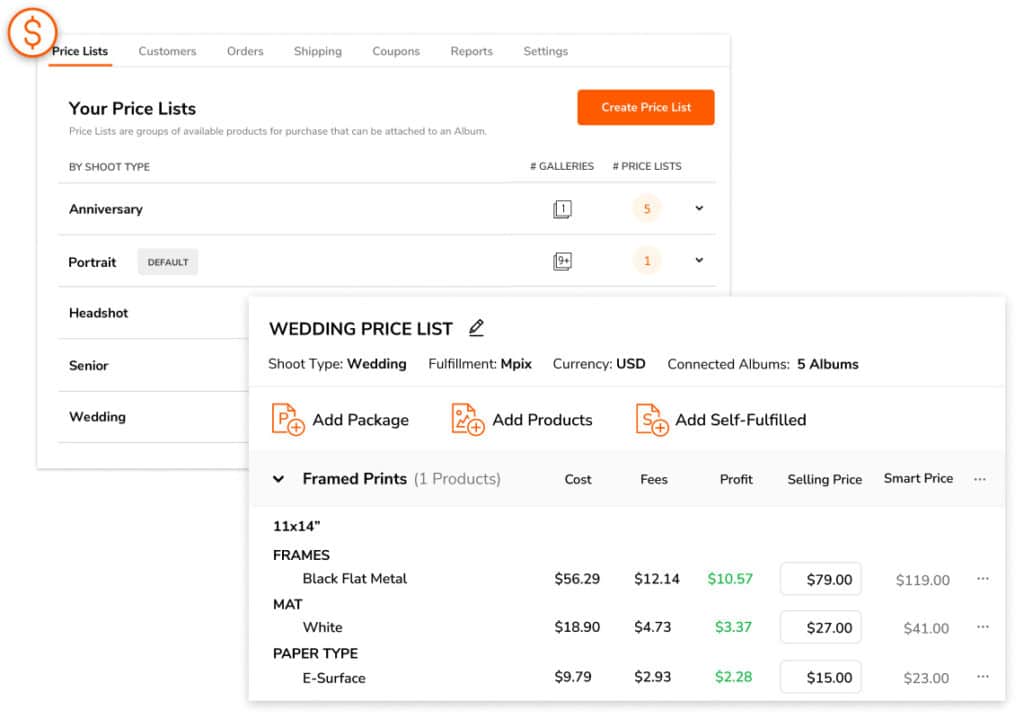 display of Zenfolio price list creation dashboard