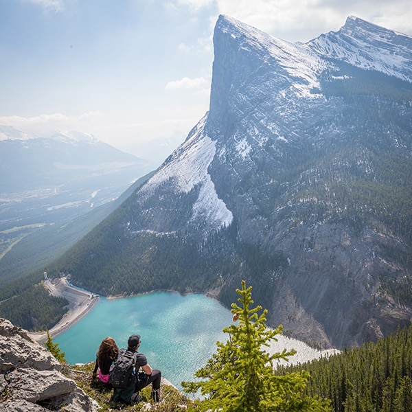 landscape of mountain scene with hikers