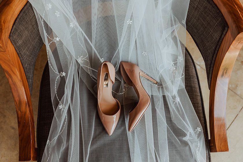 wedding shoes on the wedding veil