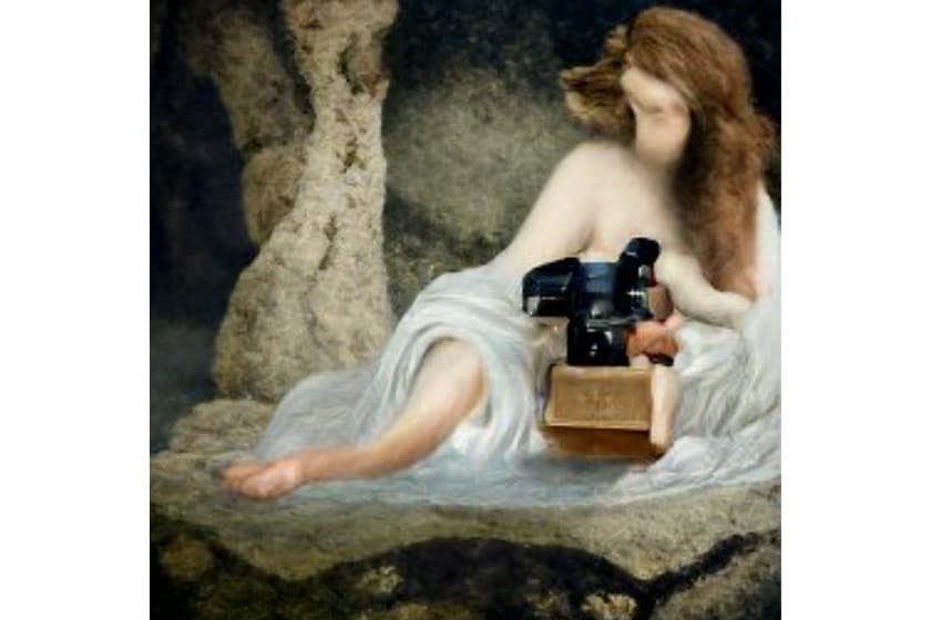 painting-style image of woman in white Grecian robes holding a camera and Pandora's box, generated with DALL-E AI using prompt “Photographer with camera opening mythological Pandora's box”