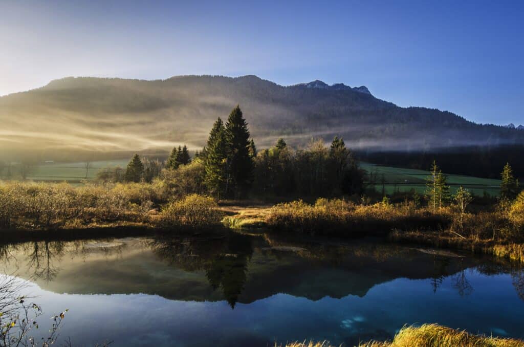 misty green mountains and trees reflected in a glassy lake