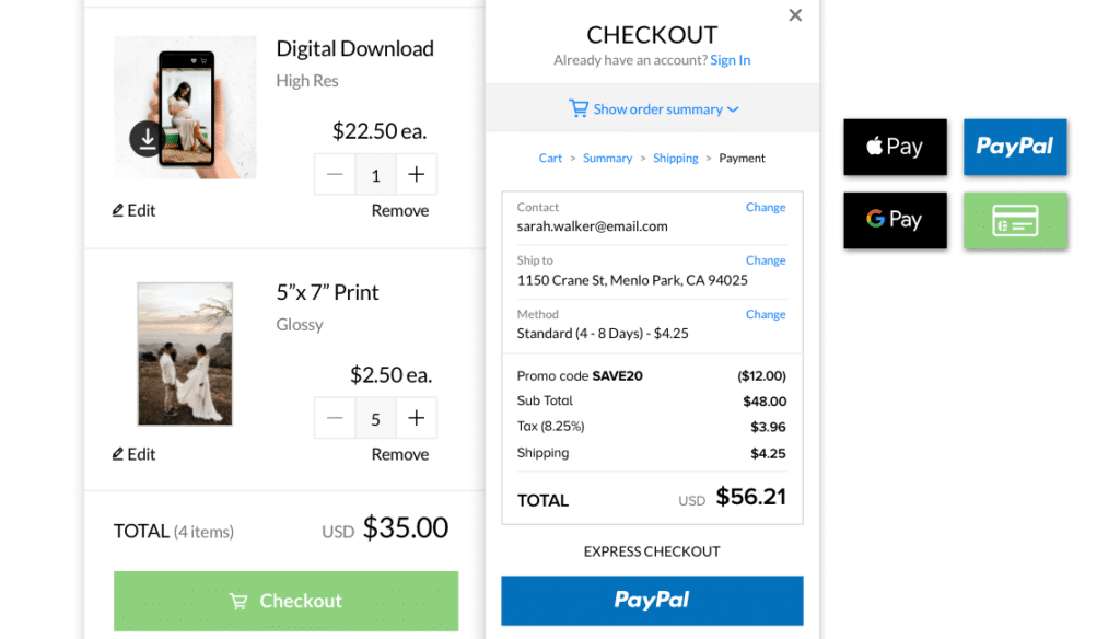 image showing online shopping cart on Zenfolio website with payment options for checkout, including paypal