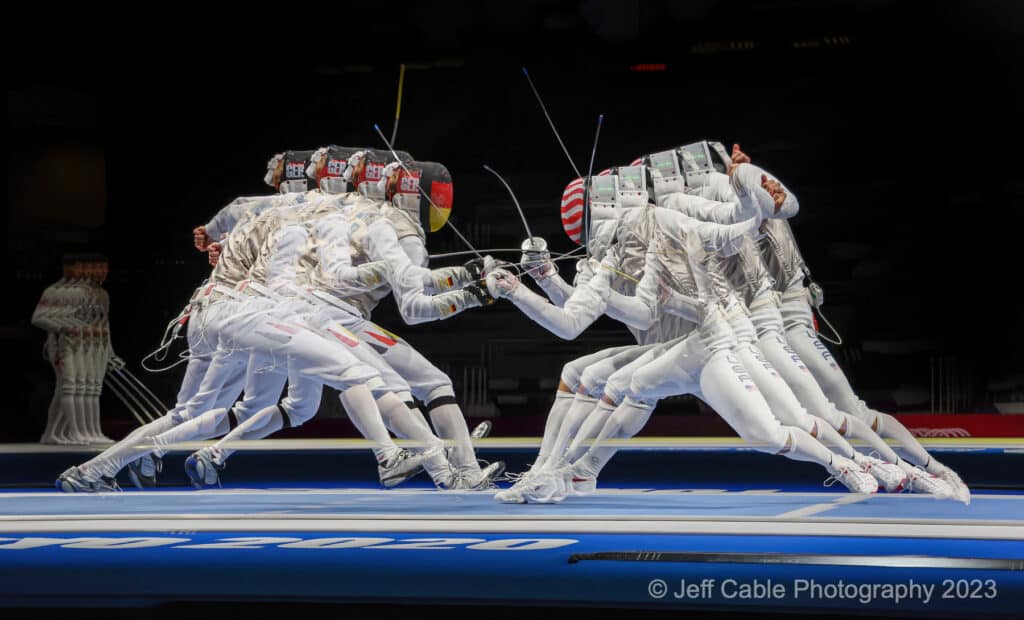 multiple exposure showing the movement of opposing Fencing Teams