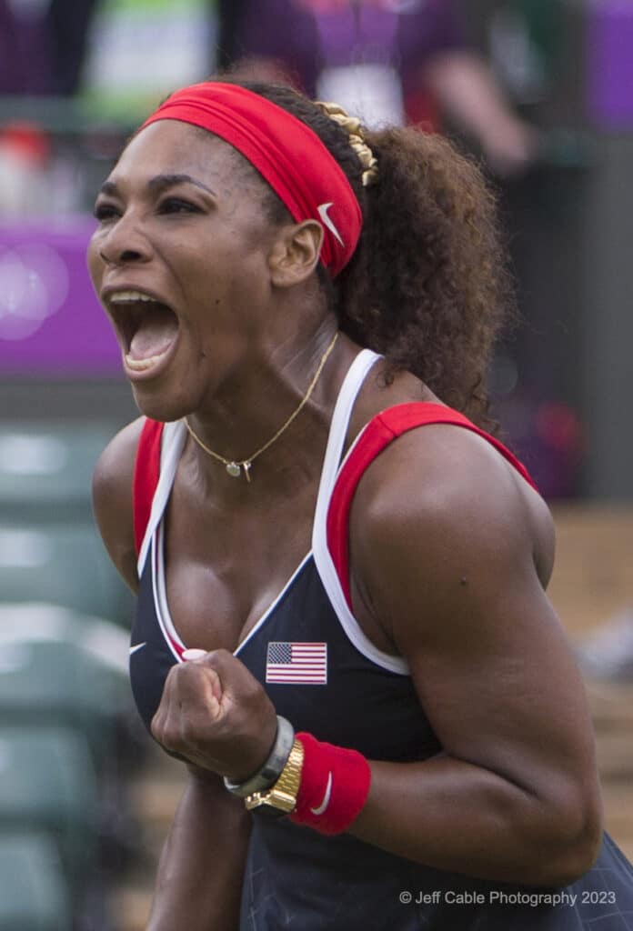 Serena Williams celebrating an emotional moment at Wimbledon