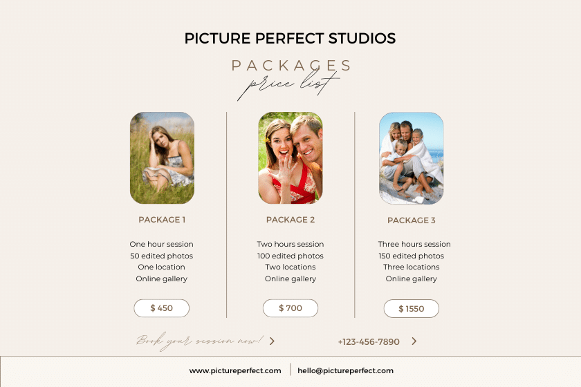 image shows three portraits, each with a description of an example photography package and pricing; length of session, how many images are included, and price.