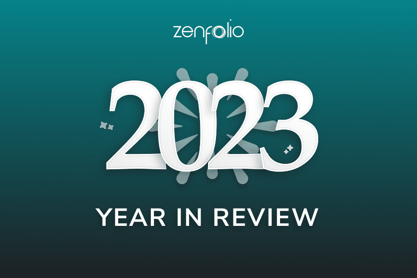 Teal gradient backdrop with white text that reads "Zenfolio 2023 Year in Review"