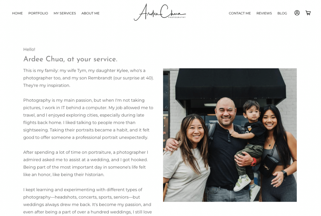 Photograph of Ardee Chua and his family beside a short biography on his Website About Page