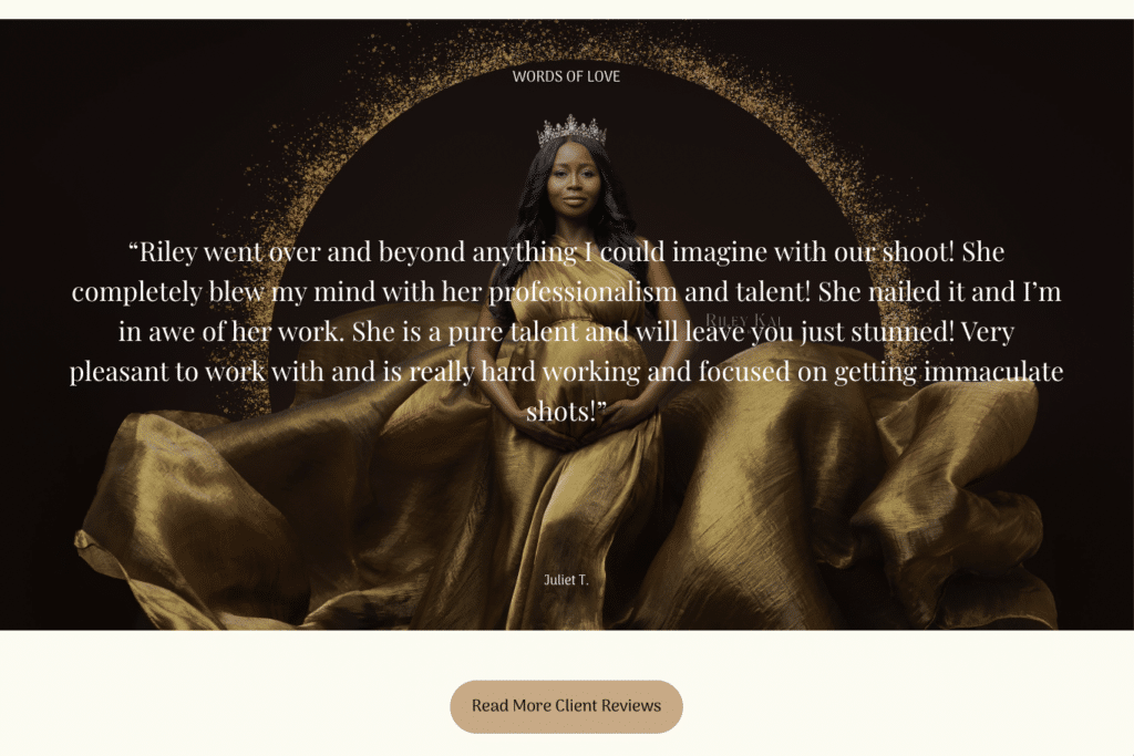 Riley Kai Photography Website client Testimonial with maternity portrait of black woman in a golden dress