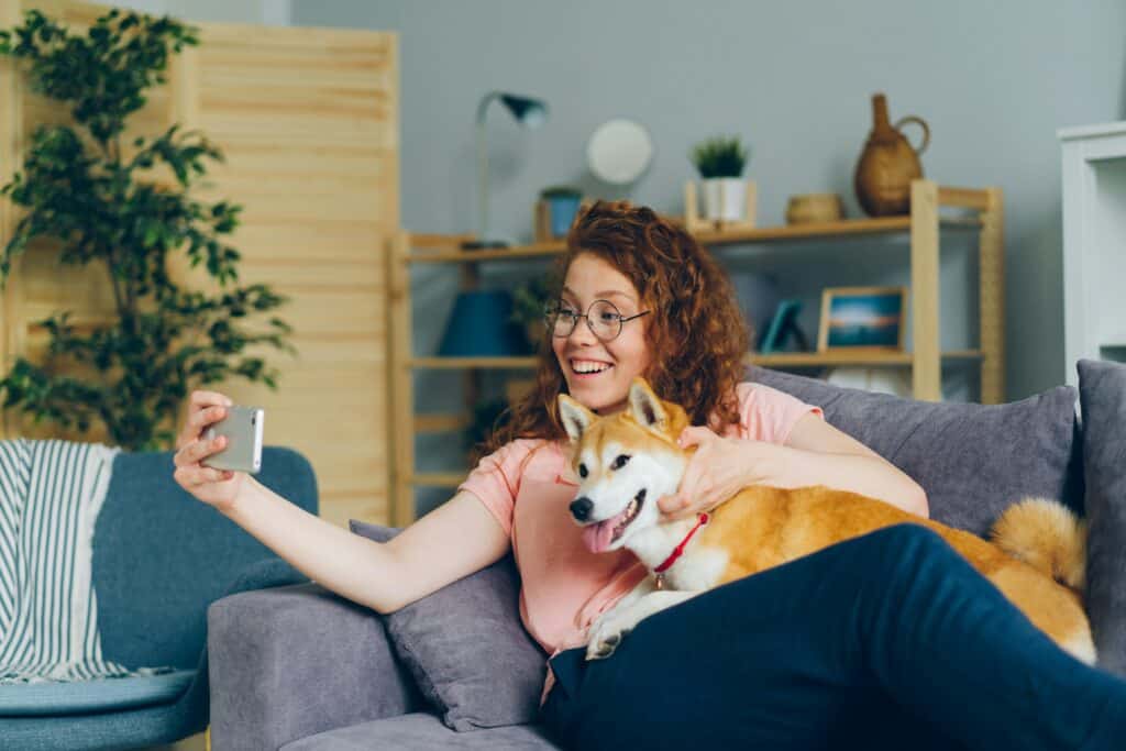 Happy girl taking selfie with tan and white dog using smartphone camera on couch