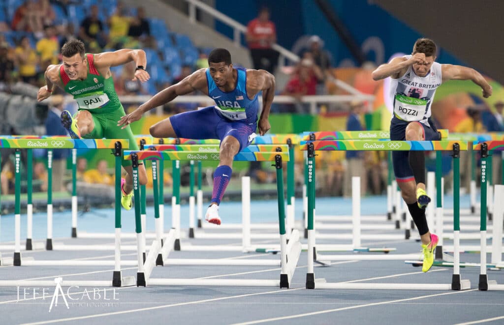 Men's Hurdles race at Rio 2016 Olympic Games, image by Jeff Cable Photography