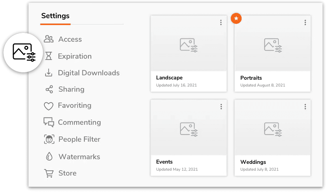 Screenshot of photo settings menu: access, expiration, downloads, sharing, and more; four image categories shown: Landscap...