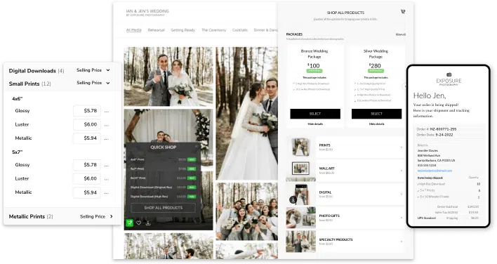 Website showcasing wedding photos; pricing for prints and digital downloads; order confirmation shown on mobile device