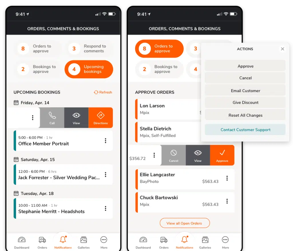 Smartphone app showing upcoming bookings and order approvals; includes client names, amounts, and action options
