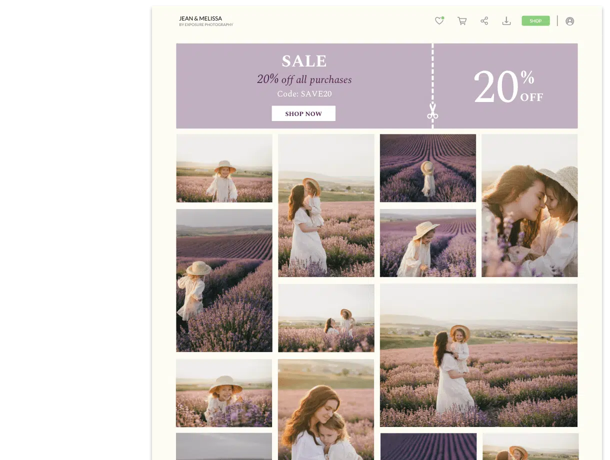 Website banner: 20% off sale; photos of mothers and daughters in lavender fields