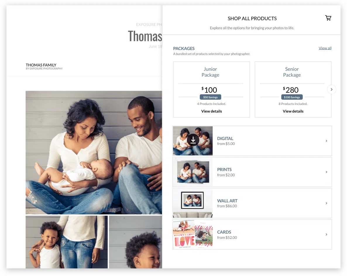 Family photo package options: pricing, product details, and family photos