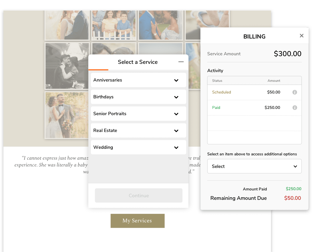 Screenshot of online billing page showing 300 dollars service total, 250 dollars paid, 50 dollars due; service selection m...