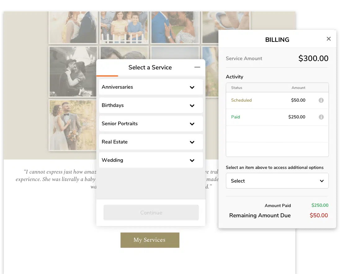 Screenshot of online billing page showing 300 dollars service total, 250 dollars paid, 50 dollars due; service selection m...