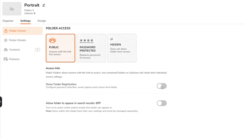 GIF showing how the Zenfolio NextZen Folder Level Client Registration feature works for photographers.