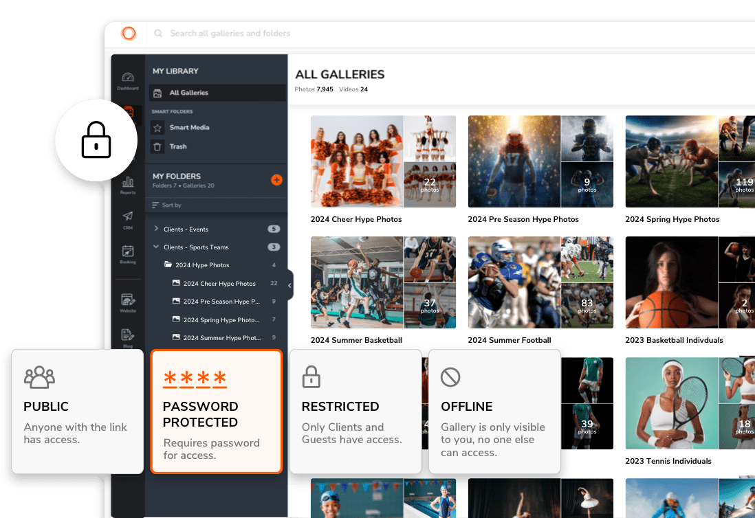 Password-protected photo gallery interface; various sports photos displayed; access levels indicated