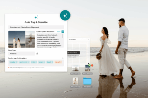 Auto Tag and describe Blog graphic with couple walking on beach overlaid with desktop folders