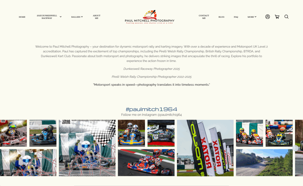 Website showcasing motorsport photography; gallery of action shots by Paul Mitchell Photography featuring karts and rally cars