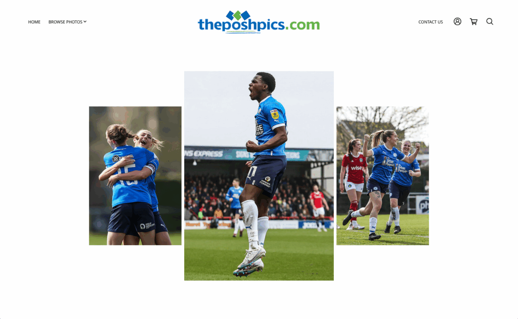 Three photos of women and men soccer players celebrating goals and victories by Posh Pics Joe Dent