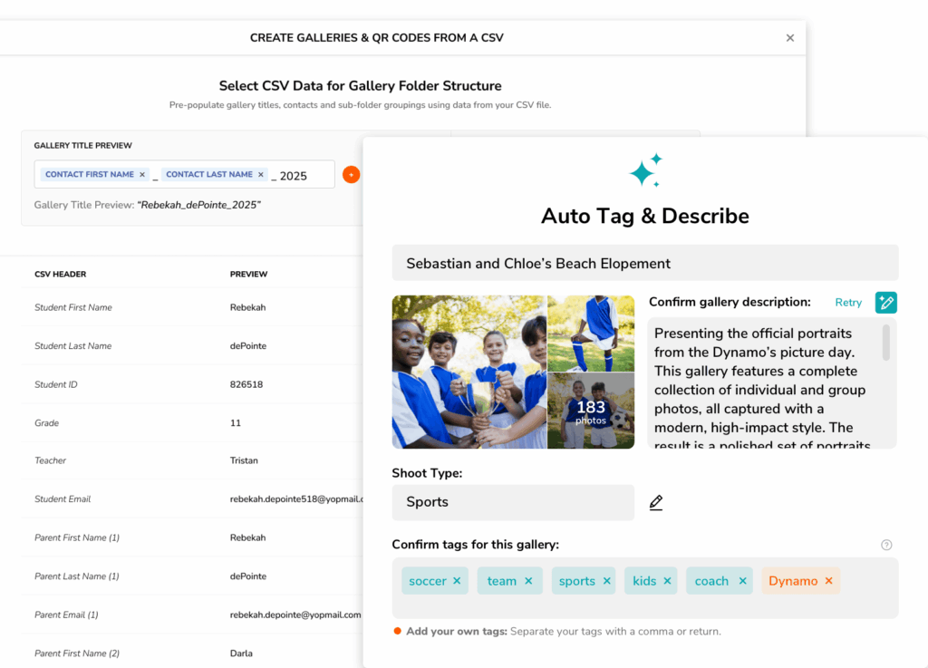 Screenshot of gallery creation interface; shows data entry fields, image thumbnails, and auto-tagging options for a sports...