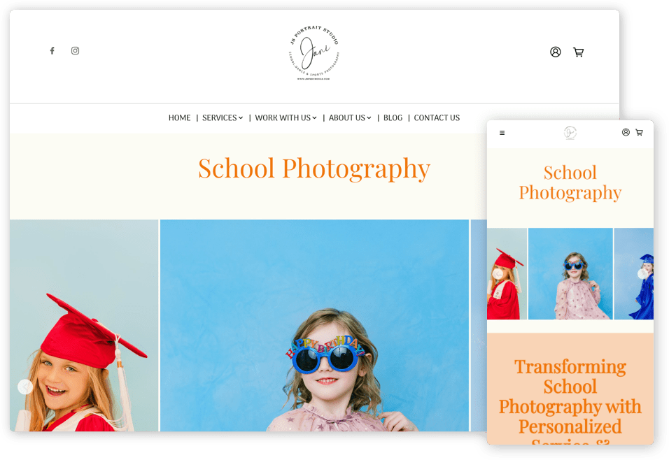 Website showcasing school photography; images of children in graduation gowns and party glasses