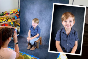 boy sitting on stool for preschool portraits Caroline Stubbs