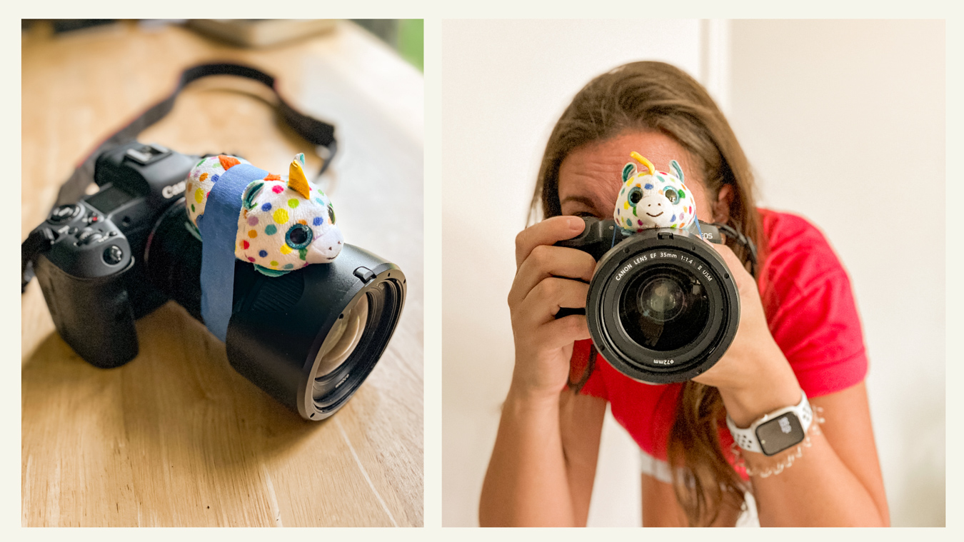 A colorful unicorn plush toy sits atop a Canon DSLR camera; a woman in a red shirt also holds the same camera, the unicorn taped on top