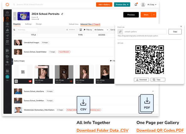 Screenshot of online photo gallery management interface showing thumbnails, QR code, and download options (CSV, PDF)