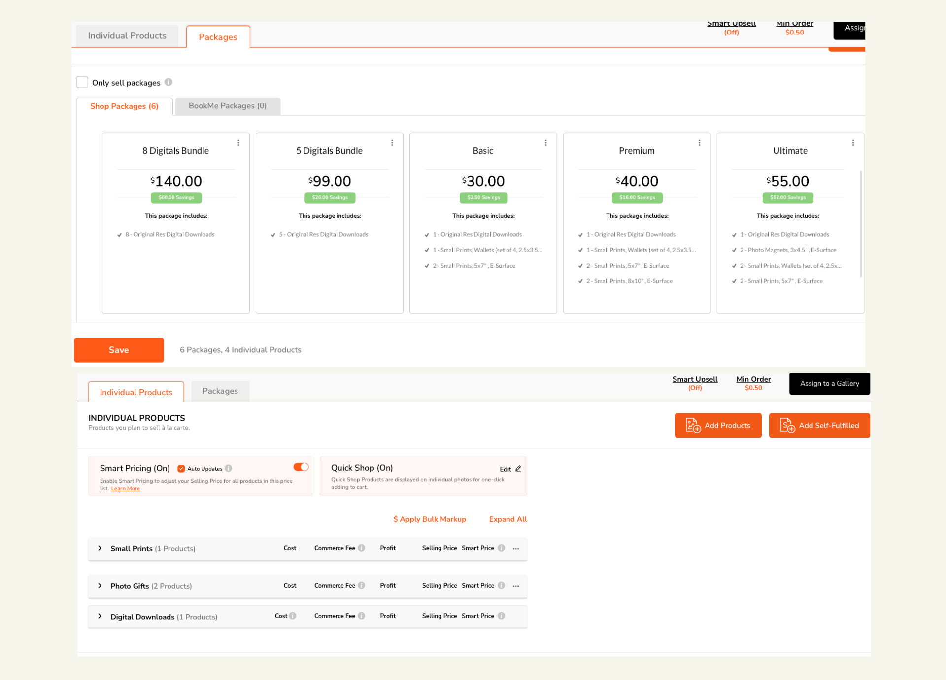 The image shows a screen capture of a product pricing page, with tabs for "Individual Products" and "Packages" selected, displaying various package options with prices and included items, as well as individual product pricing settings below. The packages range from "Basic" to "Ultimate" and include digital downloads and prints.