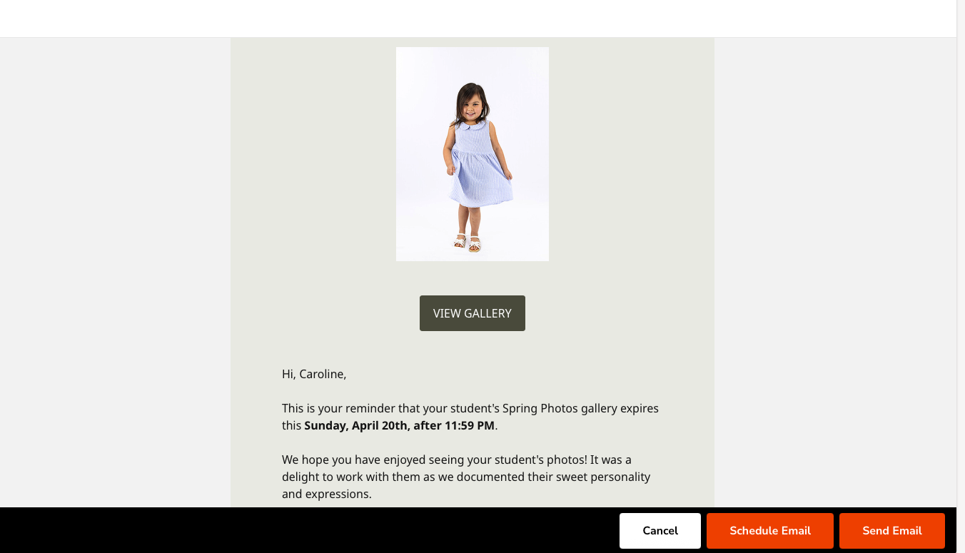 A young girl in a blue and white striped dress and white sandals smiles at the camera. The image is part of a reminder email about a student's Spring Photos gallery expiring.