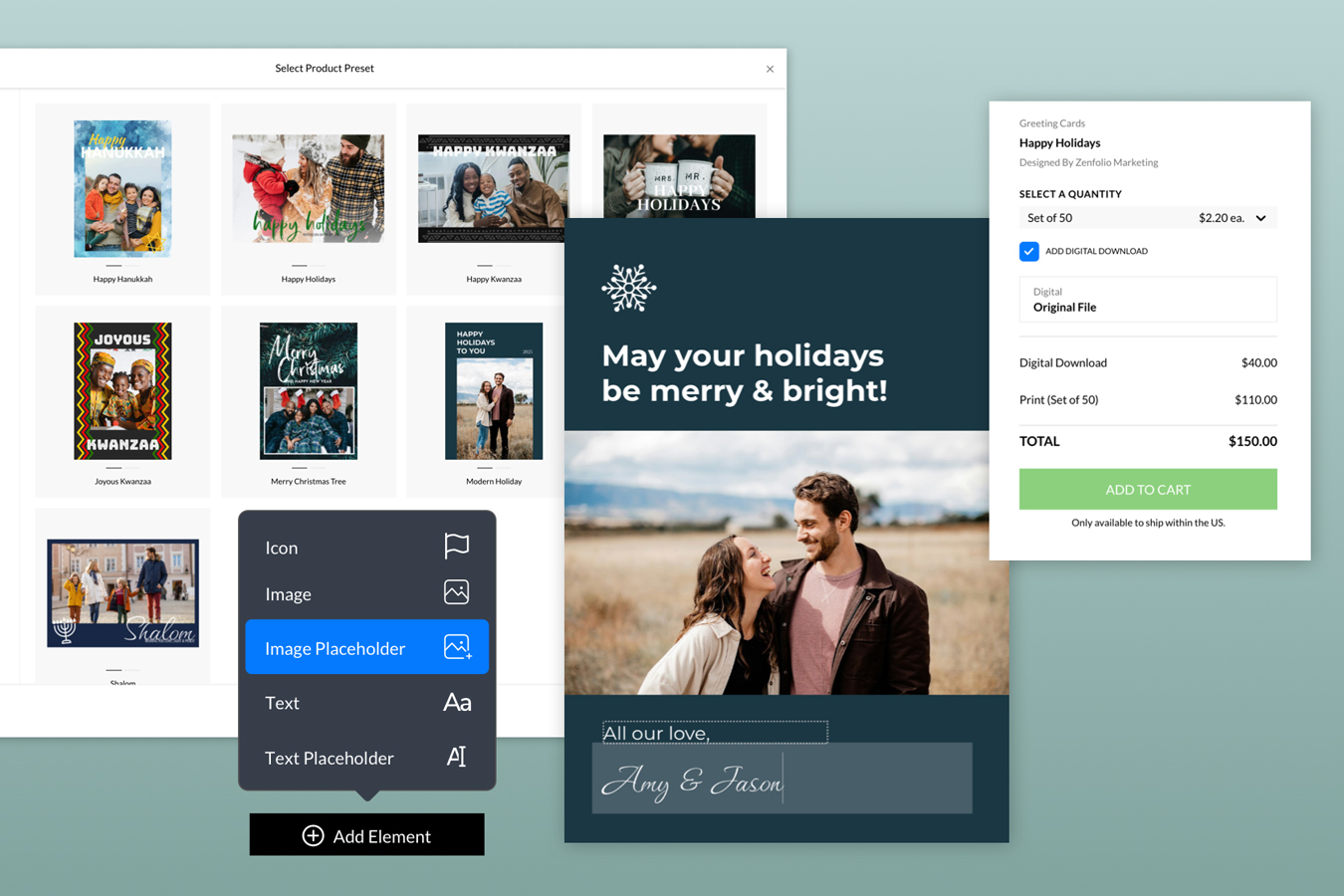 Holiday greeting card templates in Zenfolio product builder