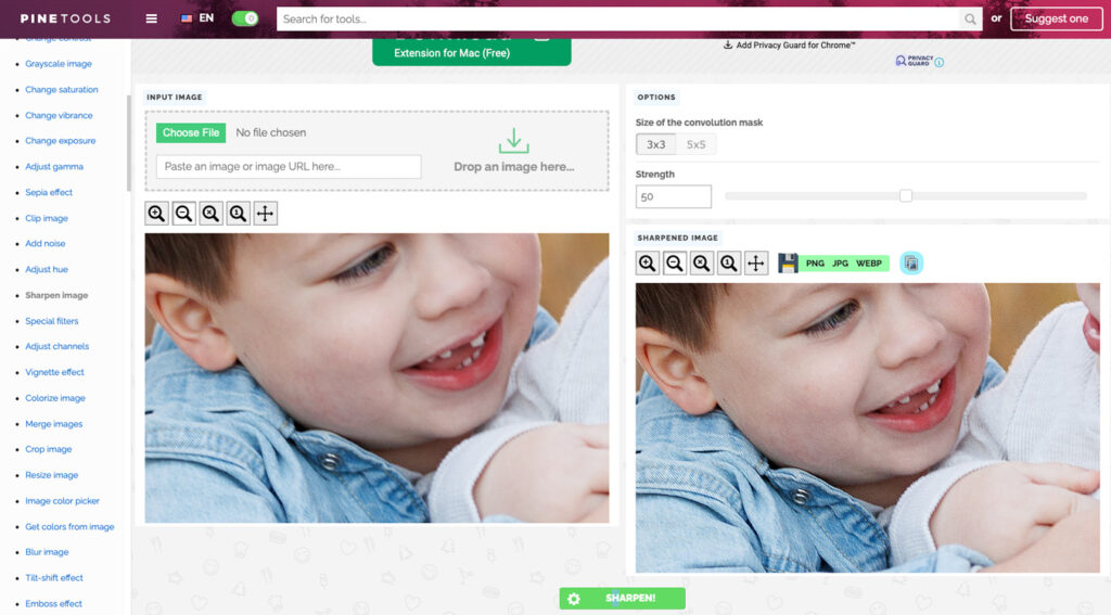 The image shows the PineTools website interface for sharpening an image. On the left is the original image of a smiling child, and on the right is the sharpened version, with options to adjust the convolution mask size and strength.