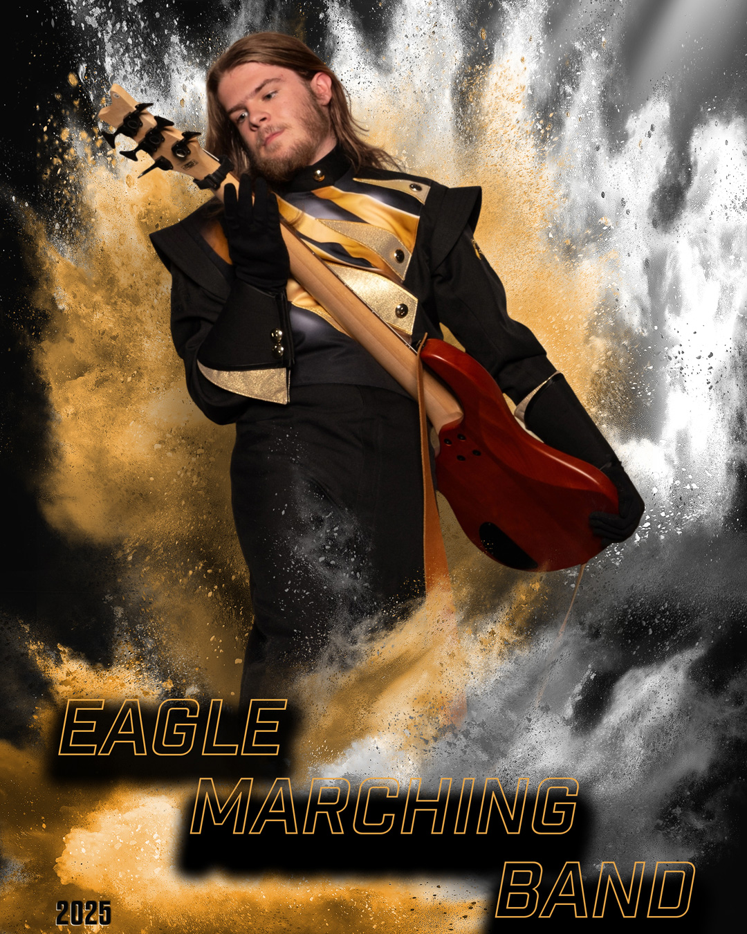 A young man in a black and gold marching band uniform stands holding a red bass guitar, with the words "Eagle Marching Band 2025" displayed below him against a background of gold and white smoke. He has long brown hair and a beard, and is wearing black gloves.
