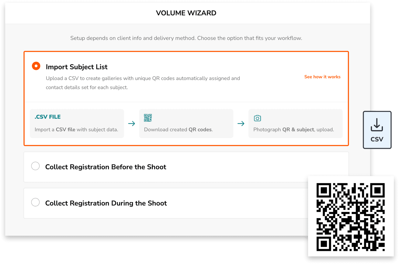 The image shows a Volume Wizard interface with an "Import Subject List" option highlighted, detailing a workflow that involves uploading a CSV file, downloading QR codes, and photographing subjects with their corresponding QR codes. A QR code and a CSV download button are also visible.