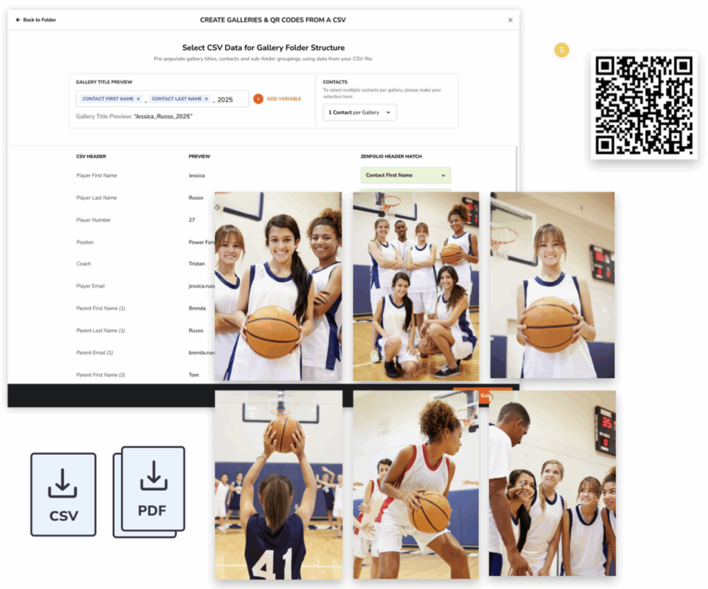 The image shows a screenshot of a software interface for creating galleries and QR codes from a CSV file, with options to select data for gallery folder structure and a preview of gallery titles. Below the interface are thumbnails of basketball players, and icons for downloading CSV and PDF files, along with a QR code.