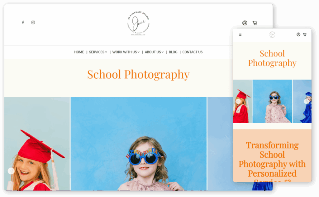 The image shows a website for a photography studio specializing in school photography, featuring children in graduation attire and playful accessories against colorful backdrops. A mobile version of the website is displayed alongside the desktop version, highlighting the studio's focus on capturing memorable moments for students.