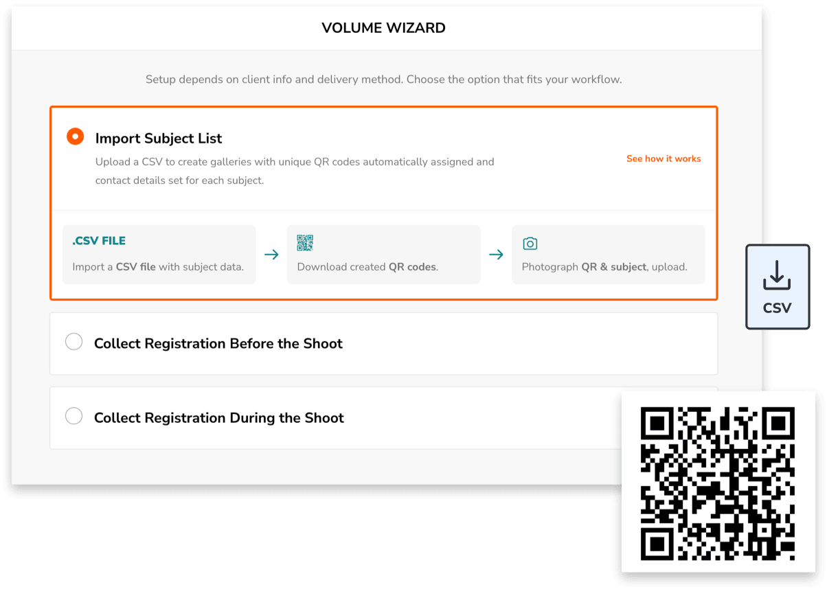 The image shows a Volume Wizard interface with the option to Import Subject List by uploading a CSV file, downloading QR codes, and photographing the QR code with the subject. A large QR code graphic and a CSV download icon are also visible.